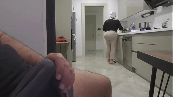 Risky jerk off while watching big ass stepmom in the kitchen.