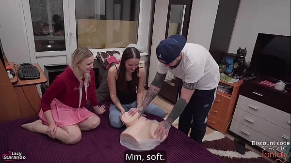 Two girls gave their friend a cool sex doll and he fucked one of them in gratitude!;)