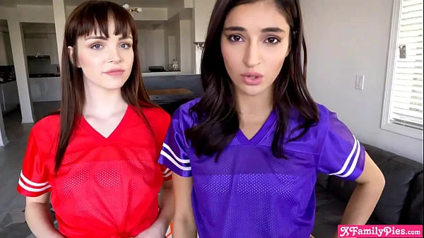 Watching the game with two petite horny teen sluts