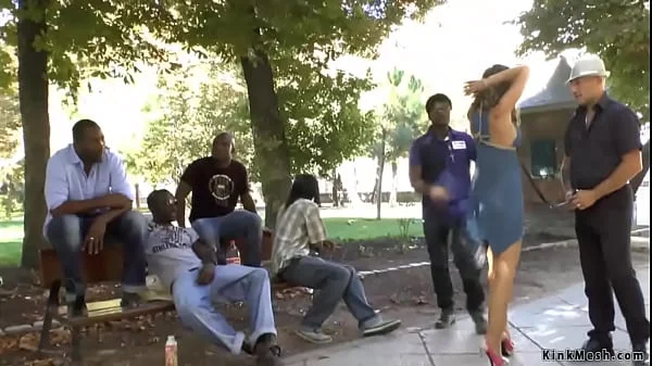 Brunette in blue dress rough fucked in public