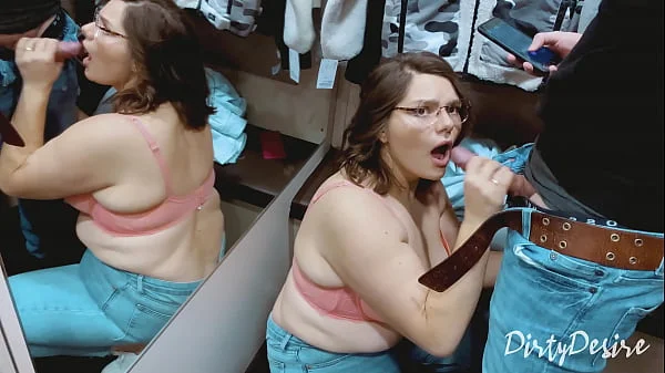 Blowjob in the chaning room - shopping in the mall goes wild - She swallows my cum in public