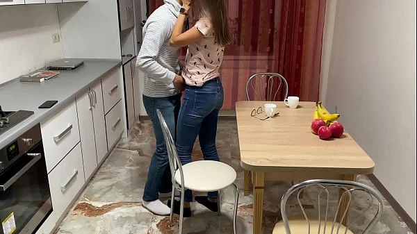 Russian Sexy girlfriend sucks and fucks on the kitchen and gets a massive cumload right on her ASS